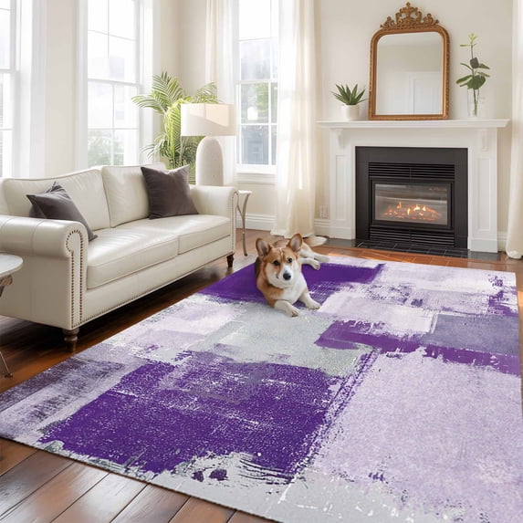 Modern Oil Painting Area Rug 5x7 FT, Non Slip Bedroom Throw Carpet, Purple Grey Abstract Graffiti Art Washable Soft Floor Carpet Non-Shedding Rug for Dining Room Bedside Classroom Desk