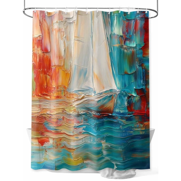 Modern Oil Painting Boat Shower Curtain Set ,Waterproof Fabric Shower Curtains Abstract Red Blue Ship Shower Curtains for Bathroom,Bathroom Decor 60"x72"