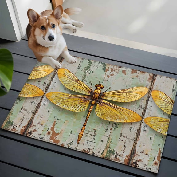 Modern Oil Painting Front Door Rugs 2x3 ft Retro Yellow Dragonfly Small Rug for Entryway Non Slip Washable Bathroom Door Mat Absorbent Floor Mat for Indoor Entrance