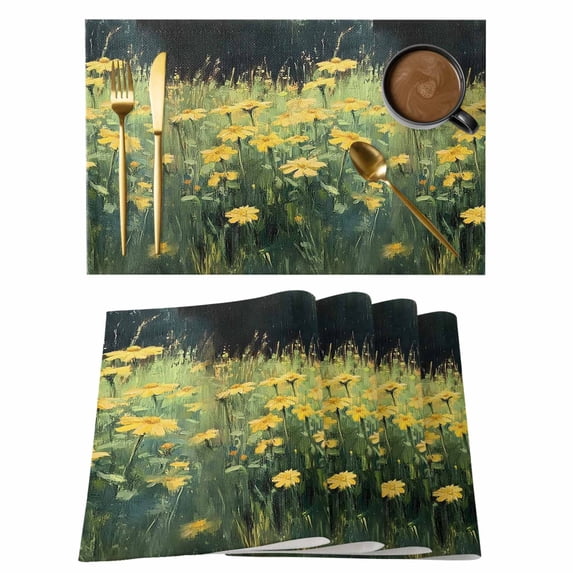 Modern Oil Painting Grassland Placemats Set of 2, Country Yellow Flower Plant Non-Slip Place Mats Washable Table Mats for Kitchen Dining Table Decorations Indoor/Outdoor