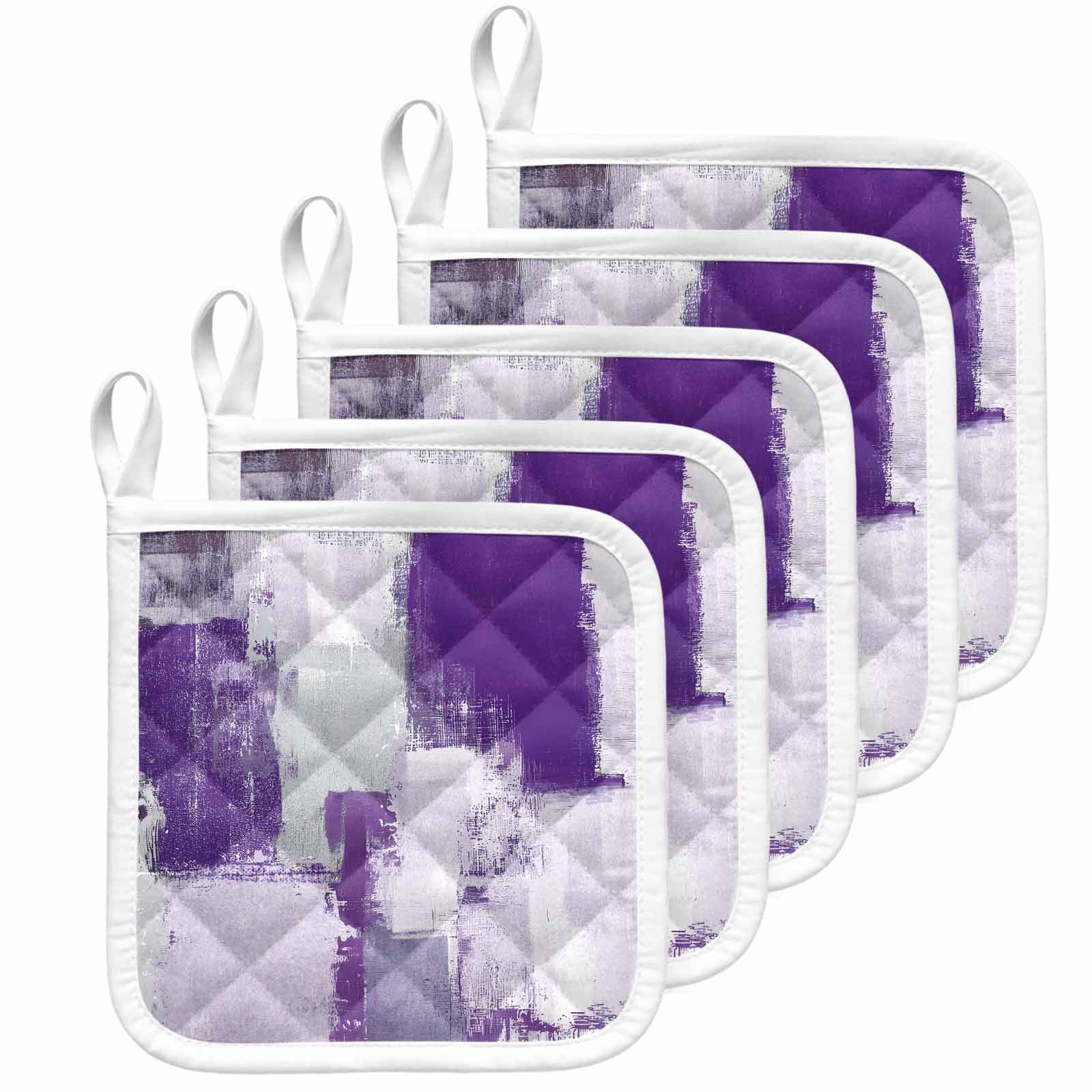 Modern Oil Painting Pot Holders for Kitchen Heatproof Potholder, 5 Pack Purple Grey Abstract Graffiti Art Hot Pads Multipurpose Oven Pads Cloth Potholders Trivet for Cooking Baking