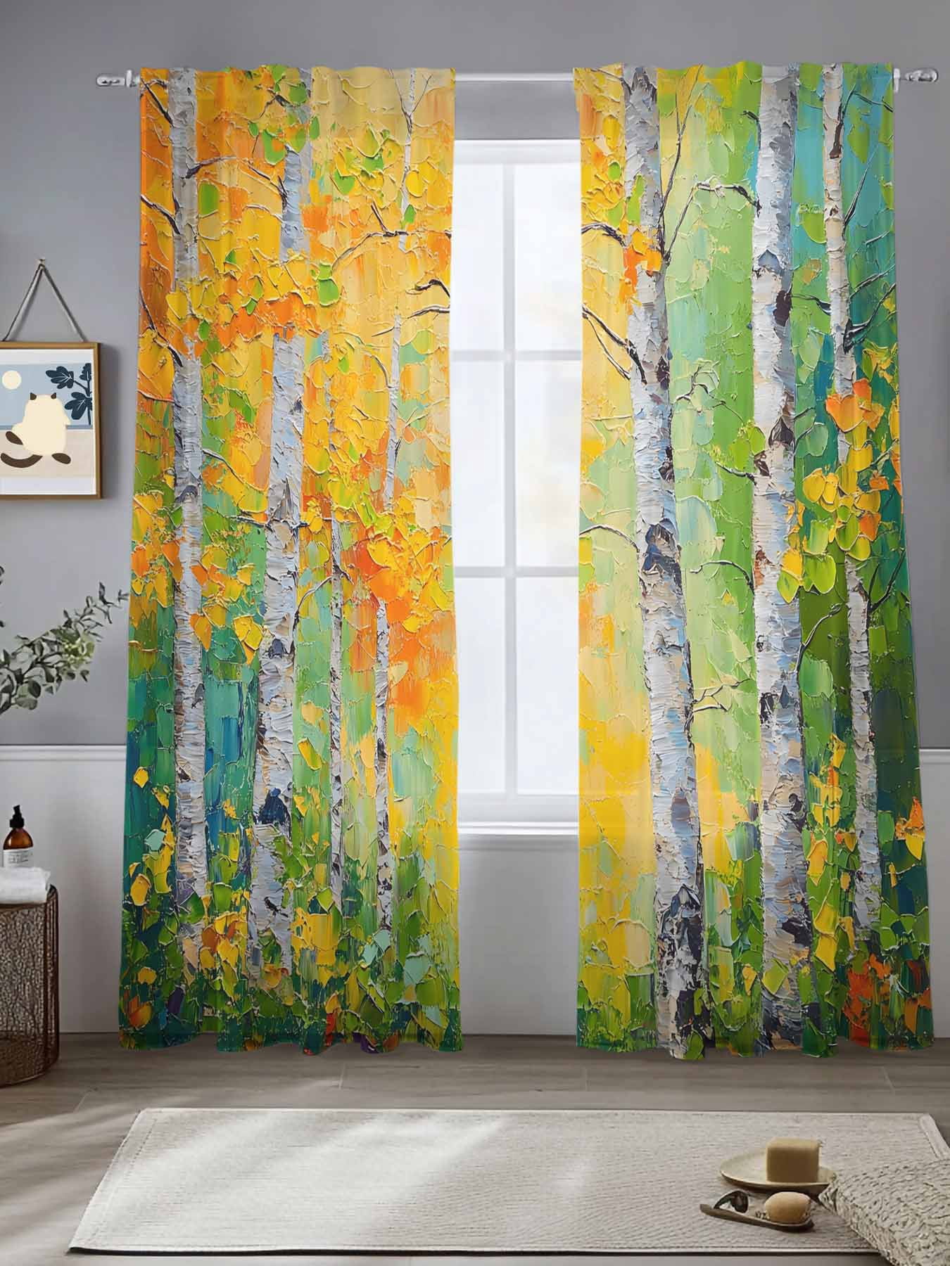 Modern Oil Painting Sheer Curtains for Living Room Bedroom Yellow Green ...