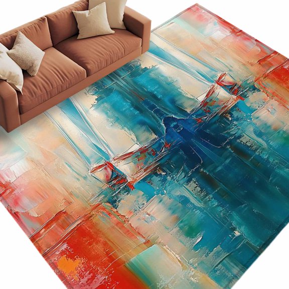 Modern Oil Painting Ship Area Rug 6x9ft Abstract Red Blue Boat Non-Slip Washable Square Rugs Soft Felt Indoor Floor Mat for Bedroom Kitchen Living Room Bathroom