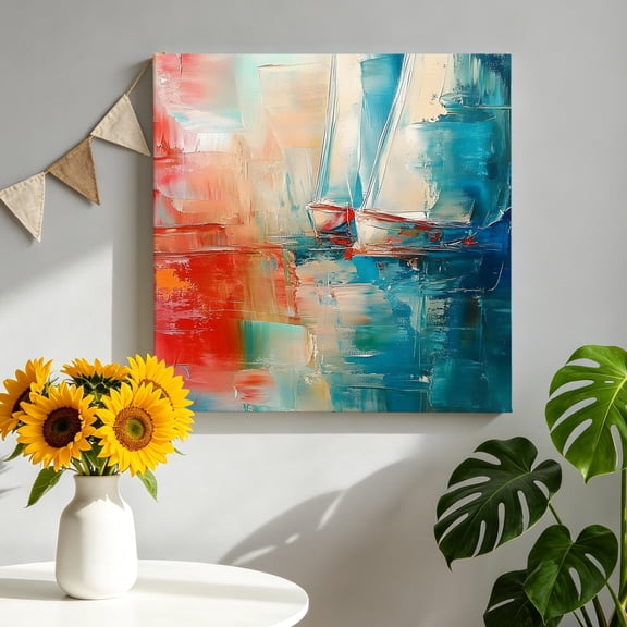 Modern Oil Painting Ship Canvas Wall Art for Living Room, Abstract Red Blue Boat Poster Print Painting for Bedroom Office Home Decoration Wall Pictures Prepare To Hang 8"x8"