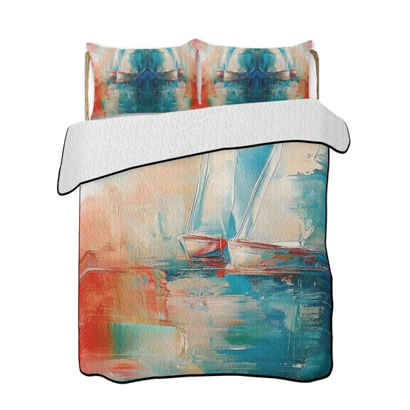 Modern Oil Painting Ship Quilts Bedding Set Twin Size Abstract Red Blue Boat Lightweight Quilted Bedspread 3 Piece Bed Quilt with 2 Pillow Shams All Season for Bedroom 68" x 86"