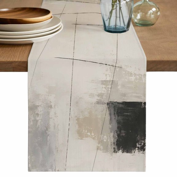 Modern Oil Painting Table Runner, Brown Black Graffiti Abstract Line Texture Cotton Linen Table Cloth, Tablerunner for Kitchen Dining Party Wedding Home Decor 13x36 Inch