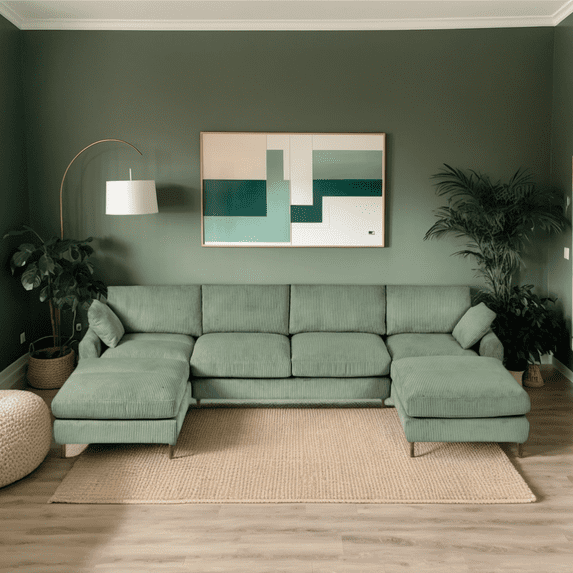 Modern Olive Green Corduroy Modular Sectional Sofa Set – U/L-Shaped Convertible, 6-Seater with Contoured Cushions & Oversized Footstool for Small Spaces