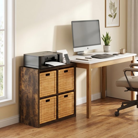 Modern Open-Back Bookshelf with Four Cubes Amber Pine 14.57 x 30 x 30