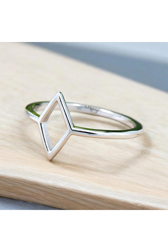 Modern Open Rhombus Shape 925 Sterling Silver Ring – Minimalist Geometric Adjustable Band for Women Ring Size- 12