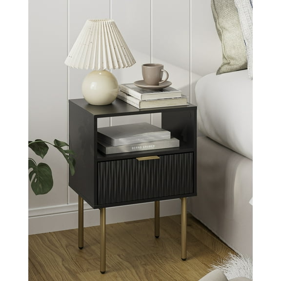 Modern Open Storage Side Table, Small Side Table with Open Wooden Shelf, Bedside Furniture, Nightstand for Bedroom, Living Room, White