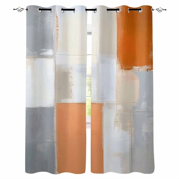 Modern Orange Beige Blackout Curtains for Bedroom Living Room Darkening Curtains 96 Inches Long Abstract Oil Painting Grey Color Blocks Window Curtain 2 Panels Set Window Treatment Drapes 52"x96"