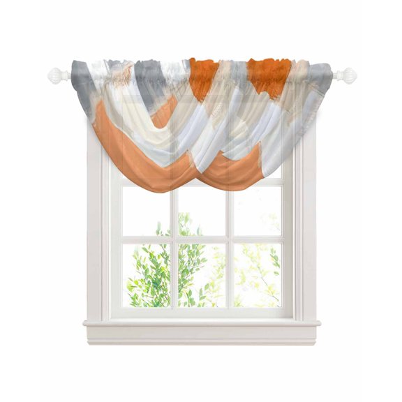 Modern Orange Beige Sheer Waterfall Valance Curtains for Window, Abstract Oil Painting Grey Color Blocks Rod Pocket Sheer Topper Swag Curtains for Living Room, Kitchen 38.5"W x 47.2"L, 2 Panels