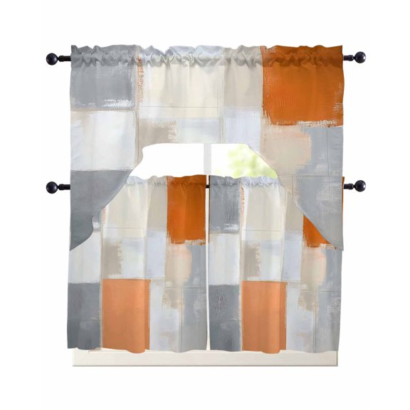 Modern Orange Beige Swag Curtains for Living Room/Bedroom Windows, Abstract Oil Painting Grey Color Blocks Kitchen Curtains and Valances Set 36 Inch Length, Swags Valance Curtain Panels