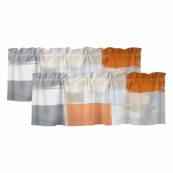 Modern Orange Beige Valances for Windows, Decorative Rod Pocket Window Valance Curtains, Abstract Oil Painting Grey Color Blocks Short Curtain Drapes for Kitchen/Living Room, 2 Panels, 42" W x 12" L
