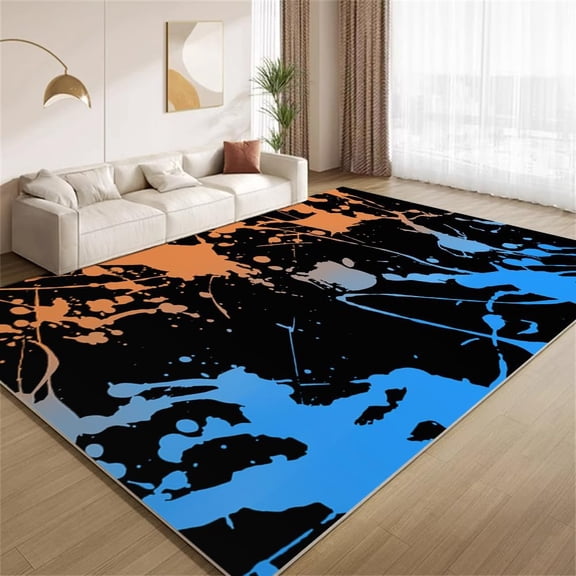 Modern Orange Blue Area Rugs Paint Splatter Black Rugs Ultra Soft Non Slip Washable Carpet for Living Room Bedroom Study Office Hallway 2ftx3ft