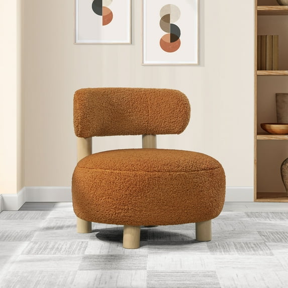 Modern Orange Boucle Accent Chair - 30" Round Seat Armchair for Living Room - Polyester Fabric, Wood Legs - Contemporary Design - Vietnam