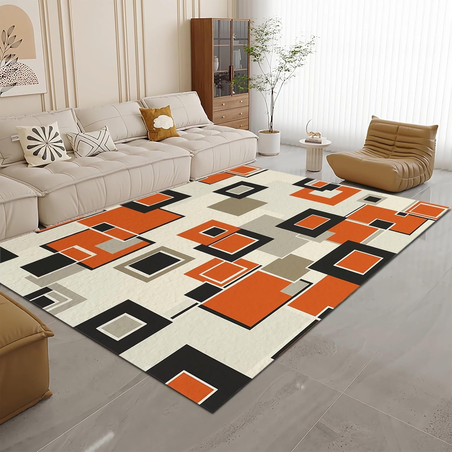 Modern Orange Color Area Rug, Washable Geometry Quadrilateral Abstract ...