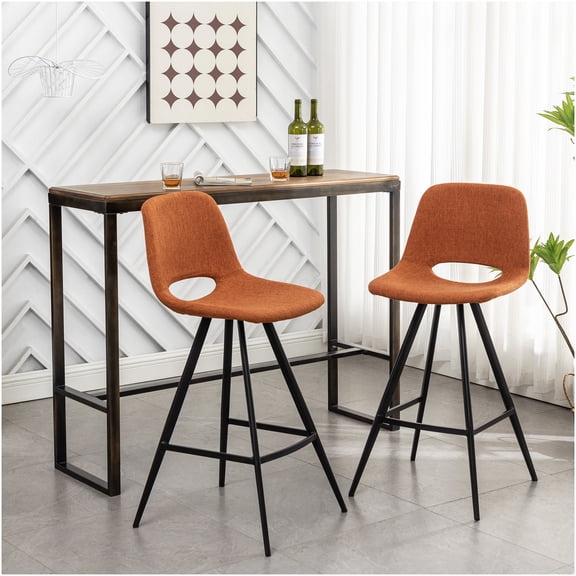 Modern Orange Fabric Counter Stools Set of 2 for Kitchen Island, Padded Swivel Bar Stools with Footrest
