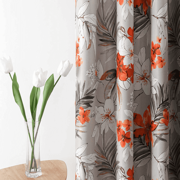 VOGOL Modern Orange Floral Pattern Print Unlined Thermal Insulated Window Curtain Drapes for Living Room Sliding Door, Grommet Top, 2 Panels, W52xL84 Inch