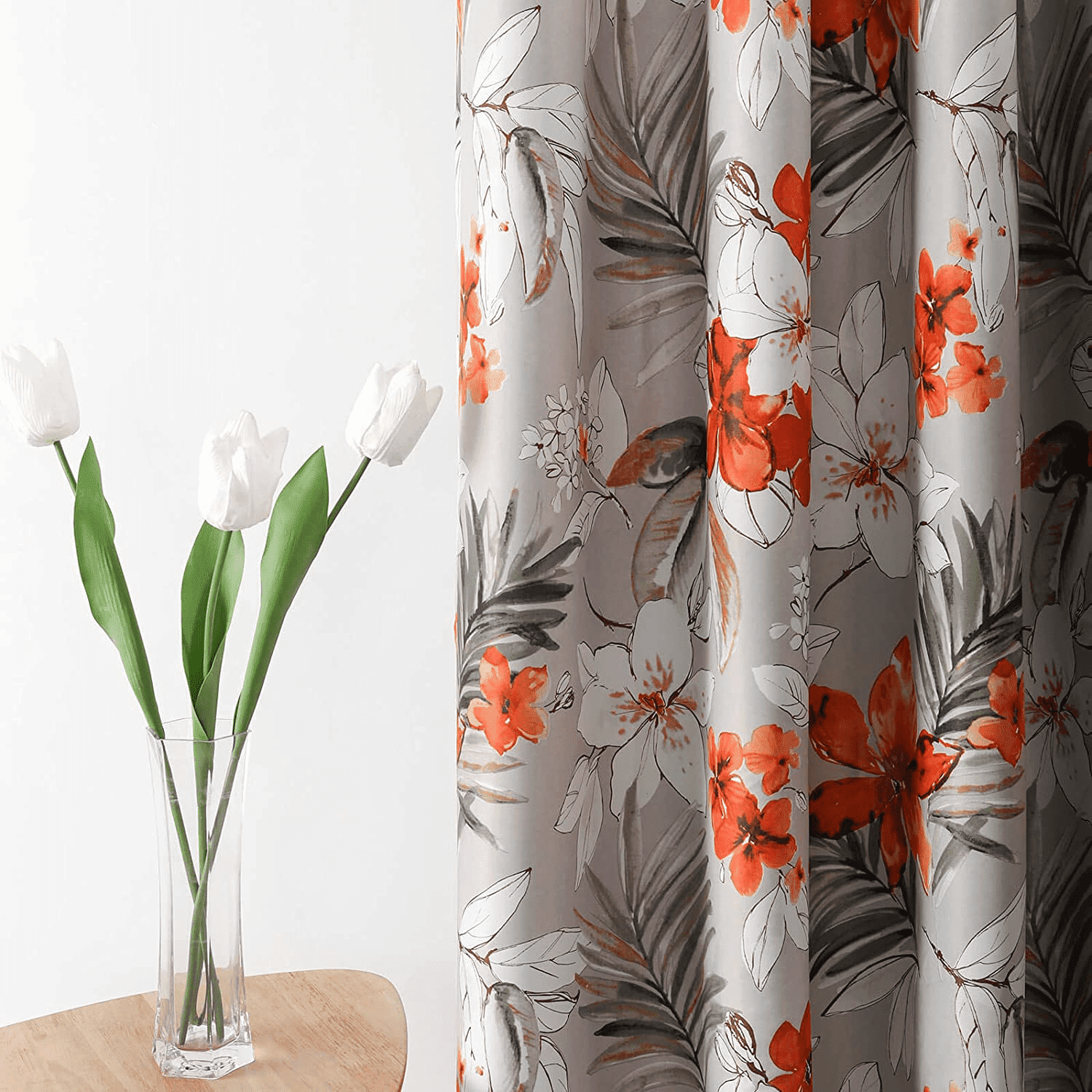 VOGOL Modern Orange Floral Pattern Print Unlined Thermal Insulated Window Curtain Drapes for Living Room Sliding Door, Grommet Top, 2 Panels, W52xL96 Inch