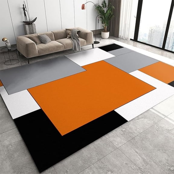 Modern Orange Rectangle Geometric Living Room Rug, Black White Gray Square Indoor Area Rug, Non Slip Foldable Washable Mat For Family Bedroom Entryway Hallway Office Apartment 5x8ft