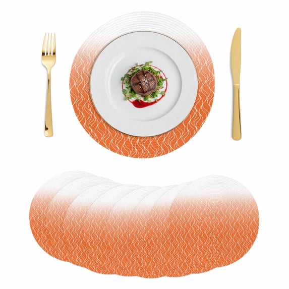 Modern Orange Round 13 Inch Placemats Set of 8, Abstract Ombre Geometric Morocco HeatResistant Non Slip Place Mats for Dining Table, Wipeable Braided Kitchen Table Mats for Housewarming