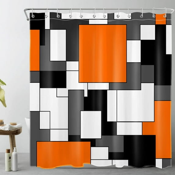 Modern Orange Shower Curtain for Bathroom, Grey Black and White Abstract Mid Century Minimalist Geometric Shower Curtains 72X72 inch Polyester Fabric Bathroom Decoration Bath Curtains Hooks Included