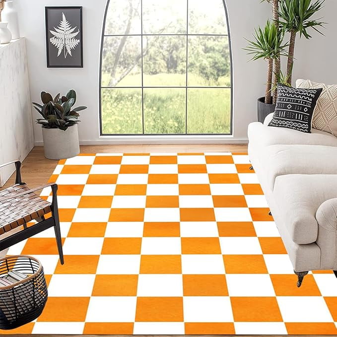 Modern Orange White Checkered Area Rug Soft Carpet For Living Room ...