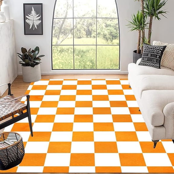 Modern Orange White Checkered Area Rug Soft Carpet For Living Room Bedroom Dining Room Washable Thick No-Slip Kitchen Laundry Bathroom Runners Home Office Floor Mat 5 x 8ft