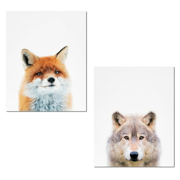 Modern Orange and Brown Woodland Wolf and Fox Photography Adult Decor; 2 - 11" x 14" Unframed Prints