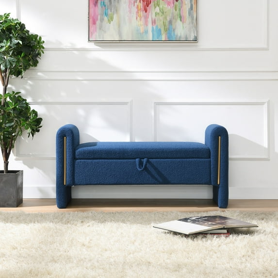 Modern Ottoman Bed End Bench with Arms and Storage, Upholstered Storage Bench Footrest, Entryway Bench for Living Room, Bedroom, Dorm, Navy Blue