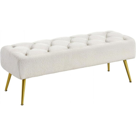 Modern Ottoman Bench Boucle Bench Upholstered Footrest for Living Room with Gold Metal Legs and Padded Seat Ivory