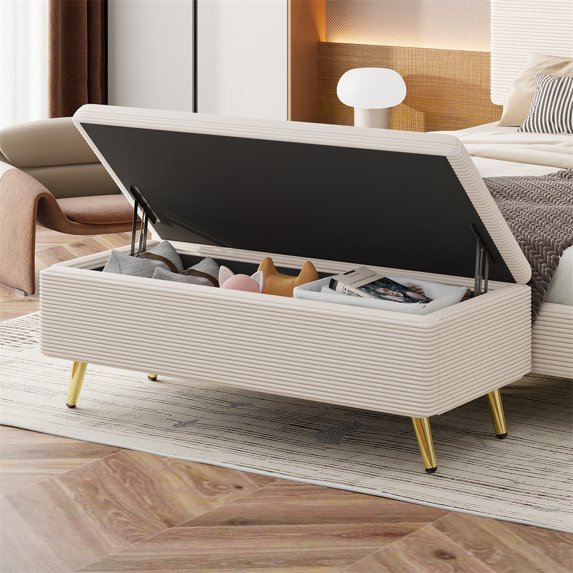 Modern Ottoman Bench With Storage, 38.4in Corduroy Footrest Stool With Legs, Tufted Upholstered End Of Bed Bench Ottoman For Living Room Entryway