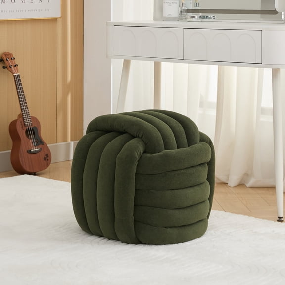 Modern Ottoman Footstool, Chenille Braided Foot Stool with Sponge Filling, Exquisite End Table Pouf Stool Soft Shoe Stool, for Makeup Room Living Room Bedroom Entrance, Green