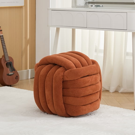 Modern Ottoman Footstool, Chenille Braided Foot Stool with Sponge Filling, Exquisite End Table Pouf Stool Soft Shoe Stool, Orange