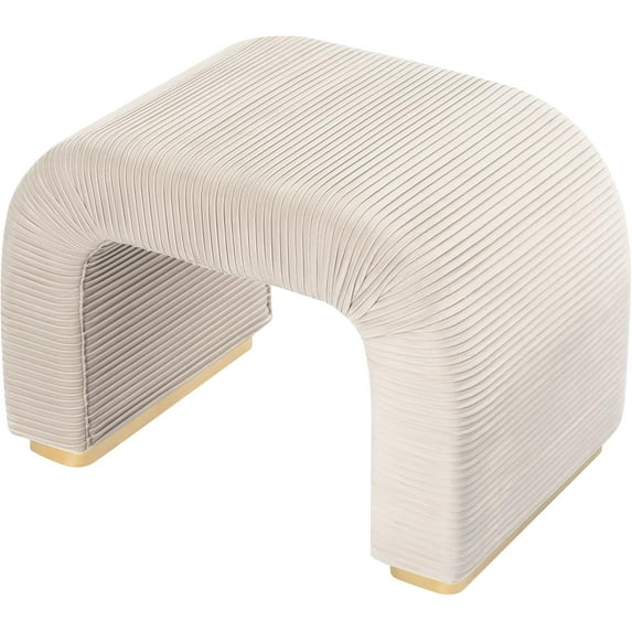 Modern Ottoman Footstool, Upholstered Small Vanity Foot Rest Stool Chair with Golden Iron Ring, Ottomans for Entryway, Living Room, Bedroom, Beige