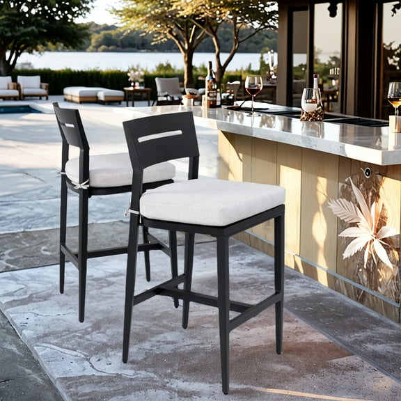 Modern Outdoor 2PC Bar Stools, Aluminum Patio Bar Chair with Ergonomic Backrest, Tapered Legs, Footrest, Ember Black, Sunbrella Cushion, Weather-Resistant, for Garden, Poolside, and Kitchen Island