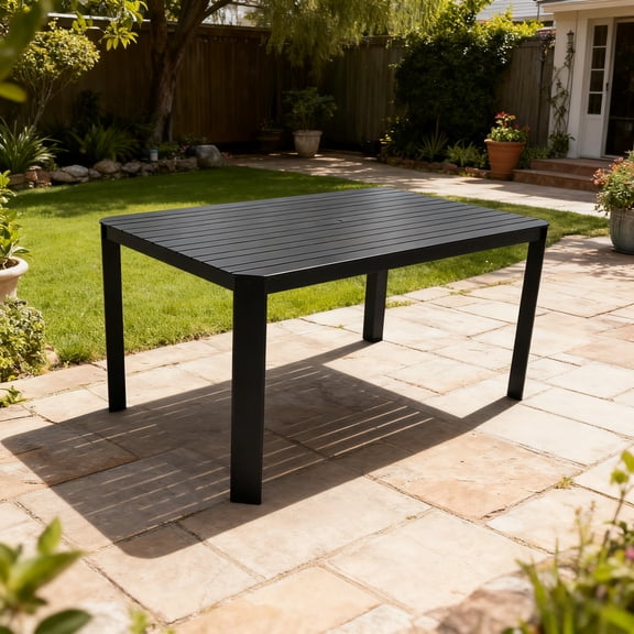 Modern Outdoor Aluminum Table with Alternating Wide and Narrow Slats, Angled Corners, 2" Big Umbrella Hole, and Adjustable Non-Slip Pads,Bourbon Brown