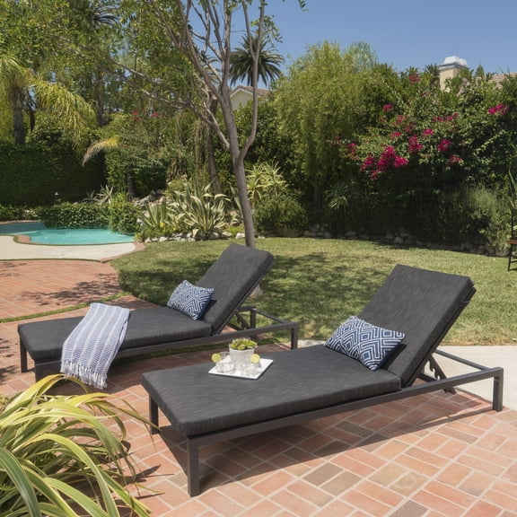 Modern Outdoor Chaise Lounge Set - Dark Gray Aluminum Frame with Water- Cushions, Foldable & Stackable for Patio, Poolside Relaxation