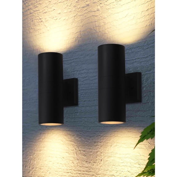 Modern Outdoor Cylinder Wall Lights 12", Porch Light in 2 Lights, Up Down Lights, Matte Black Waterproof Wall Sconce, Aluminum, E26 Base, Exterior Light Fixture Wall Mount, ETL, Pack of 2