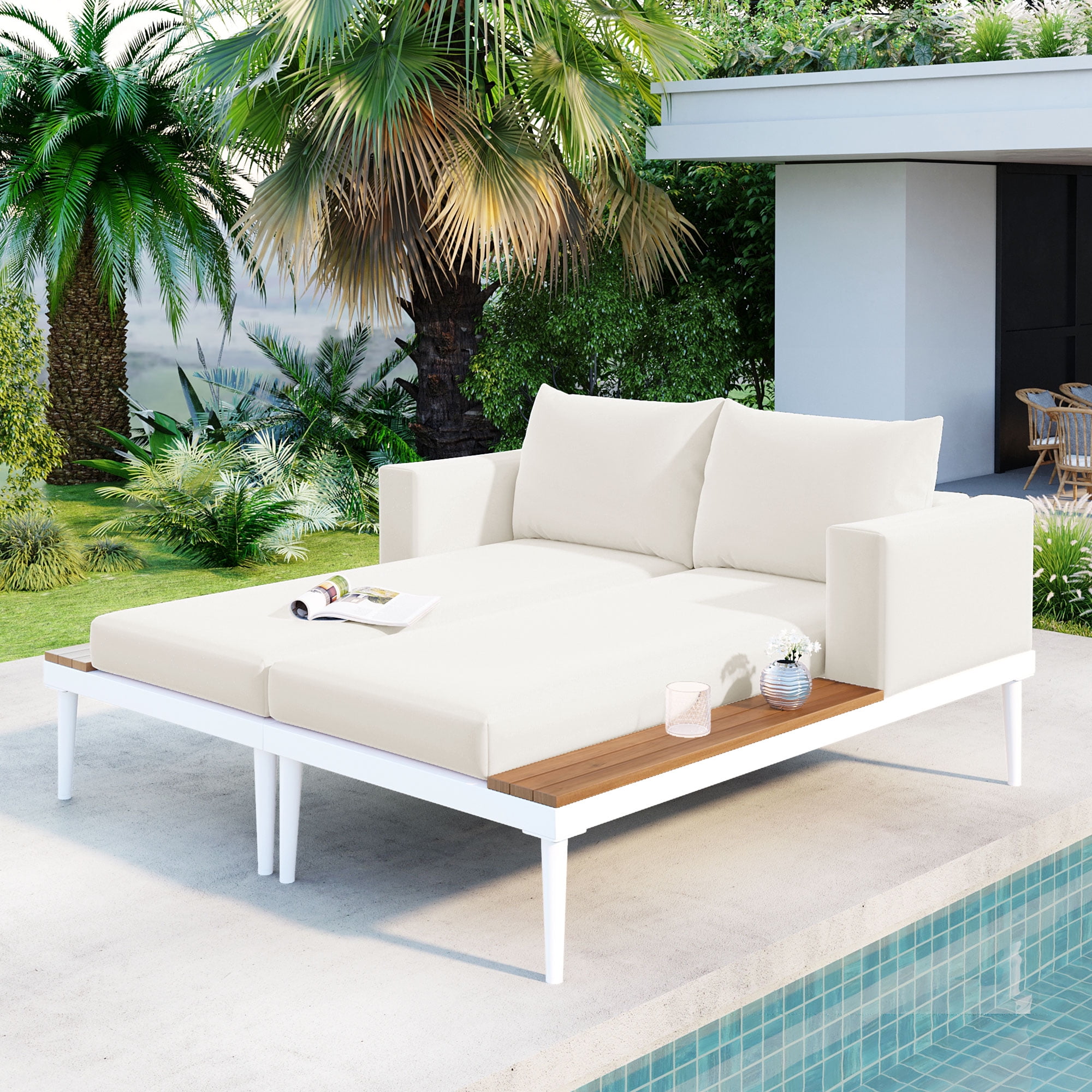 Modern Outdoor Daybed Patio Metal Daybed with Wood Topped Side Spaces