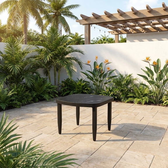 Modern Outdoor Elegance Arc 23.6''Side Table with Black Marble-Inspired Sintered Stone Top, Aluminum Frame,Ember Black Finish, Post Tapered Legs & Rounded Corners,Weatherproof & Rust-Free