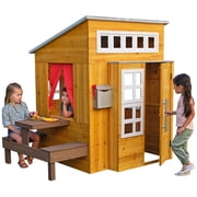 Modern Outdoor Natural Wooden Playhouse with Picnic Table, Mailbox and Outdoor Grill