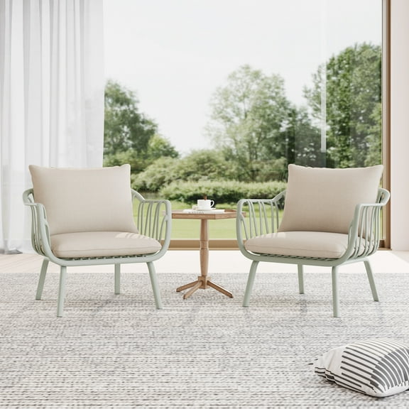 Modern Outdoor Patio Club Chairs with PP Frame, Weather-Resistant Design, Green+Beige, Set of 2