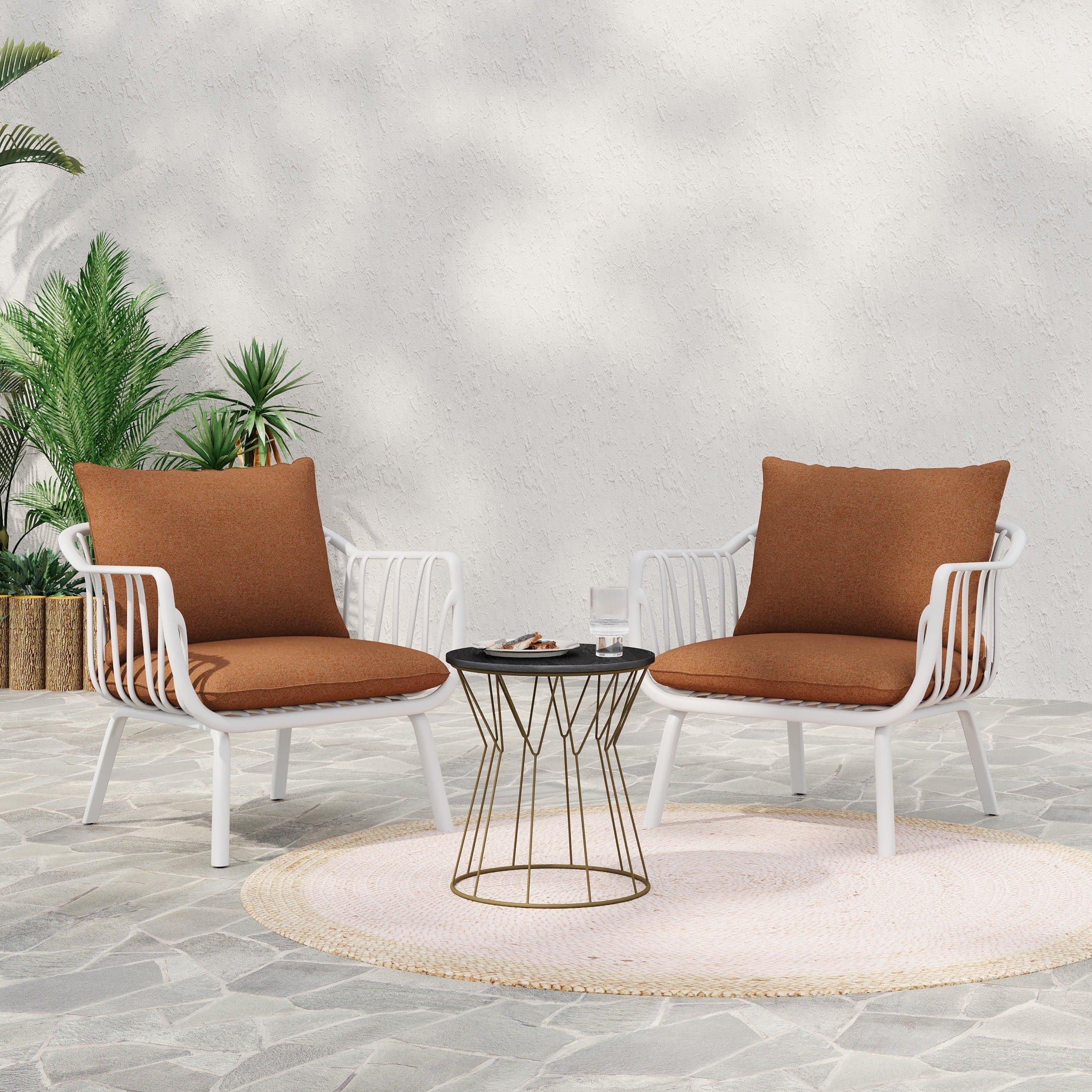 Modern Outdoor Patio Club Chairs with PP Frame, Weather-Resistant Design, White+Brown, Set of 2