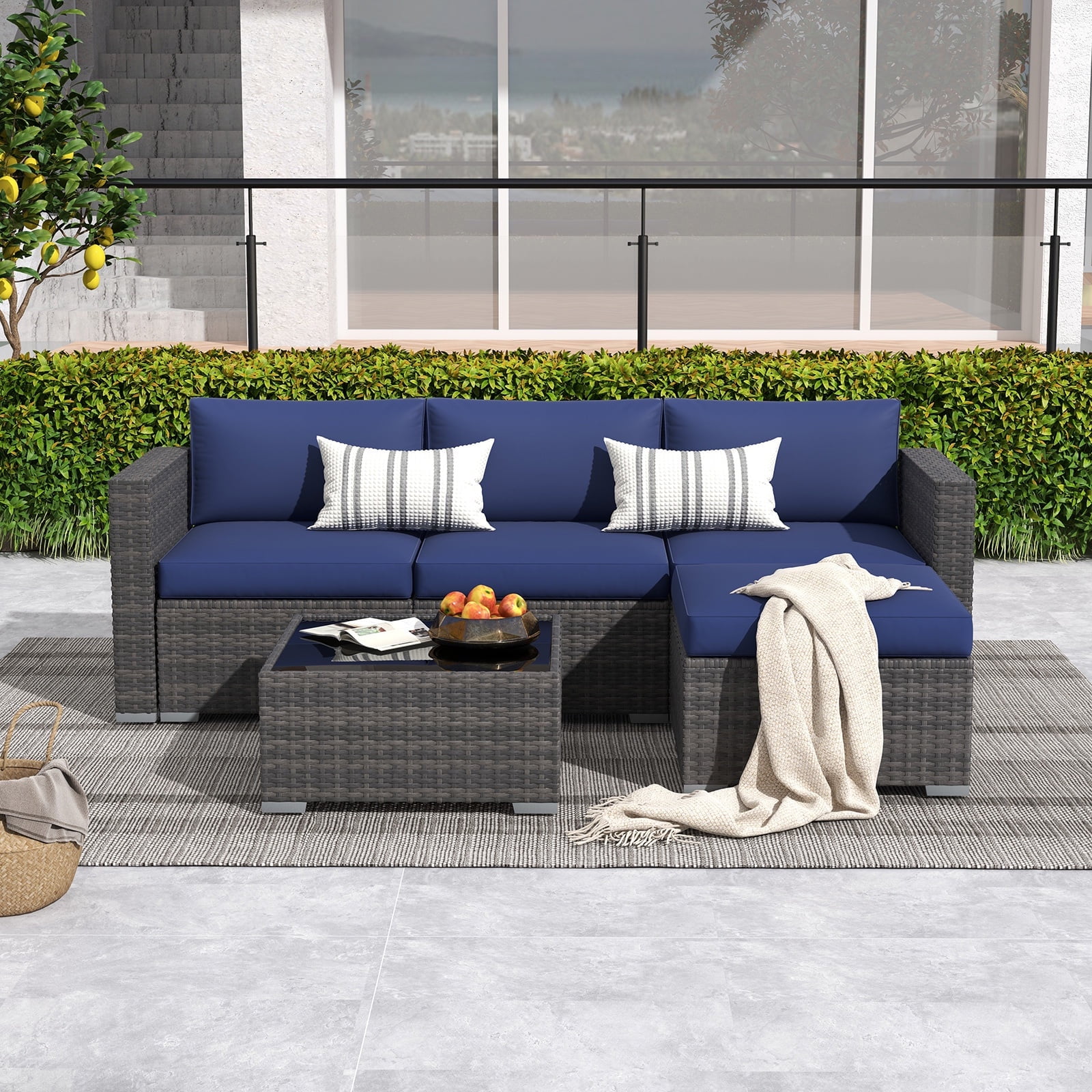 Modern Outdoor Patio Furniture Set，5-Piece Gray Wicker Sectional