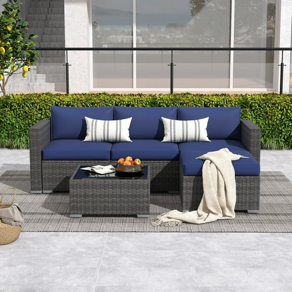 Modern Outdoor Patio Furniture Set,5-Piece Gray Wicker Sectional Sofa, with Navy Blue Cushions and Coffee Table, Perfect for Gardens, Patios, and Backyards