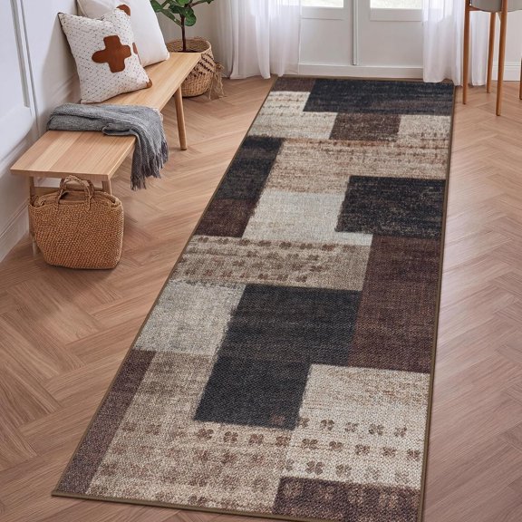 Modern Outdoor Patio Rug, Geometric Patchwork Indoor Runner Rug for Hallway Kitchen, 2'x6' Non Slip Washable Runner for Entryway Porch, Brown Rockwood Collection Hardwood Floors Decor