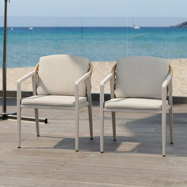 Modern Outdoor Rattan Woven Accent Chair with Iron Frame, Grey, Set of 2