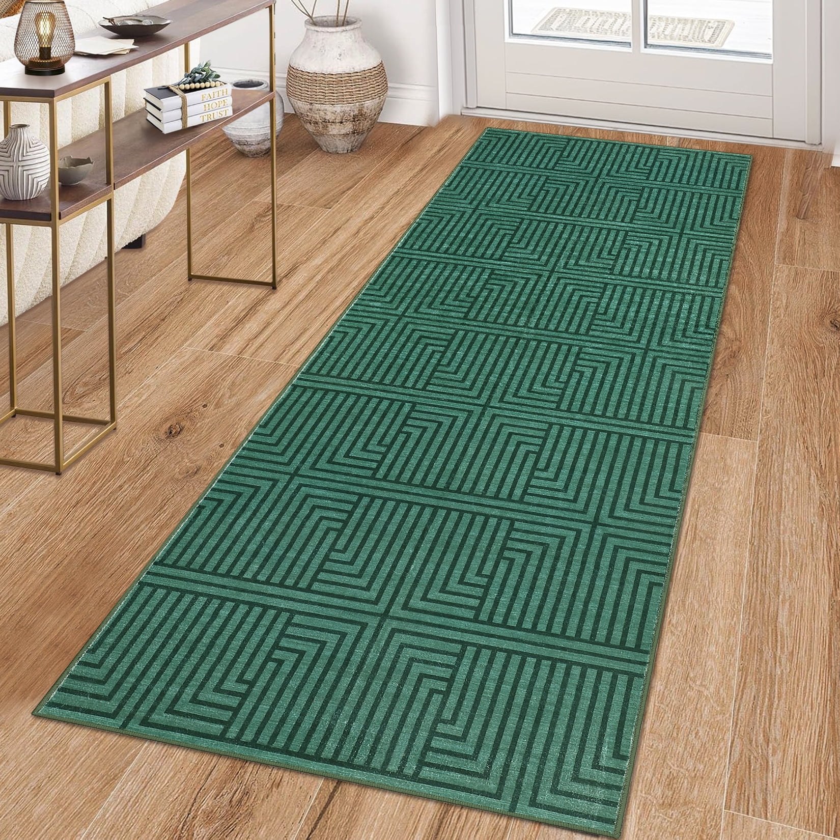 Modern Outdoor Rug 2x6FT - Green Waterproof Patio Carpet, Modern Area Rugs